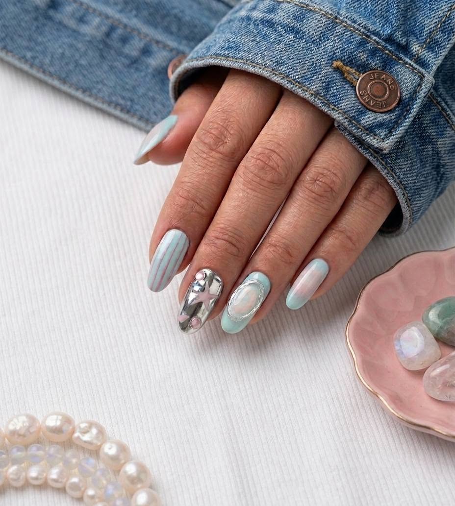 Mint chrome almond design styled with pearls
