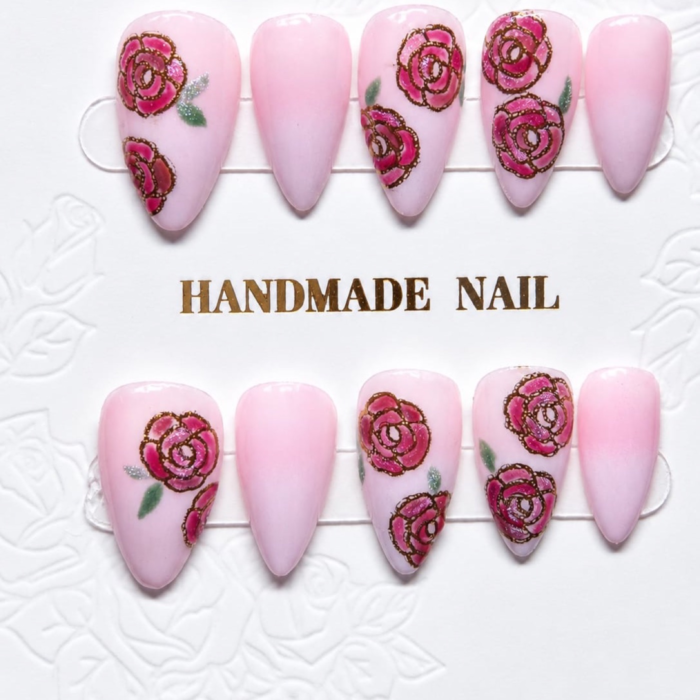 English Rose — hand-painted press-on nail set by The Varnish Room